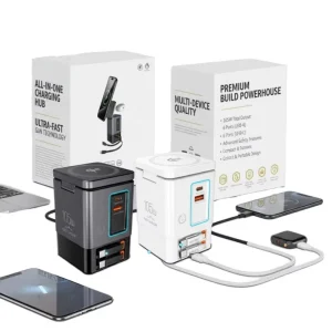 7-in-1 105W Desktop Charging Station Stand for Phones, Laptops, Wireless Chargers, Retractable Cables, and Multi-Device Power Strip