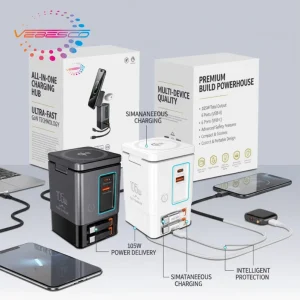 7-in-1 105W Charging Station with Stand, Wireless Charger for Phones, Laptops and Desktop Computers, Retractable Cable, Multi-Device Power Strip