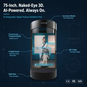 75” AI Holographic Virtual Human Kiosk Touchscreen LED Display Cylinder Library Museum Interactive Avatar