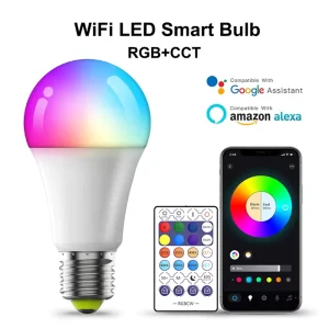 7W RGB Color-Changing Smart WiFi Light Bulb, Wireless Remote Control, App-Controlled Dimmable, E27 E26 B22 Indoor Light Bulb, LED-SMART