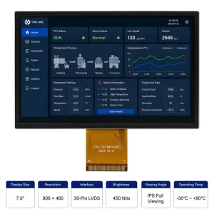 7inch 800*480 IPS TFT LCD Module 30-Pin LVDS 450 Nits -30~80 Wide Temp Display Edge-Lit LED Backlight 60Hz for Industrial