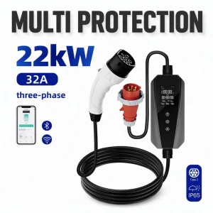 7kW Portable EV Charger AC 3.5kW 11kW 22kW Type1 Type2 J1772 NACS GBT CCS1 CCS2 Smart APP WiFi LCD Timer IP65 Car Travel