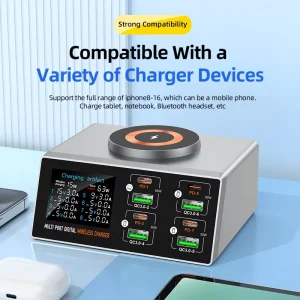 Mobile Phone Fast-Charging 8-Port Type-C Multi-USB Charger, QC3.0 PD 100W Smart Charging Station with Wireless Charging, 5V/9V