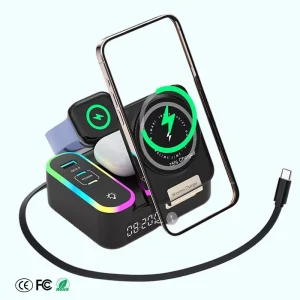 8 in 1 Retractable 30W Foldable Charging Station Digital Clock RGB LED Magnetic Wireless Charger for iPhone