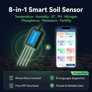 8 in 1 Soil Sensor USB Plug and Play NPK pH EC Moisture Temperature Tester IP68 304 Stainless Steel 5 Probe 10cm Depth