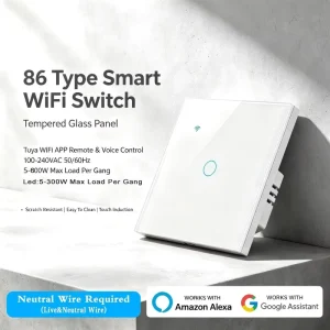 86Type Tempered Glass Tuya WiFi Smart Touch Switch Need Neutral Wire AC100-240V Alexa Google Voice APP Control Wall Light Switch