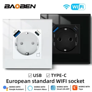 86mm Glass Panel EU Smart Wall Socket With USB a & Type C Energy Monitor Voice Control Household Power Socket