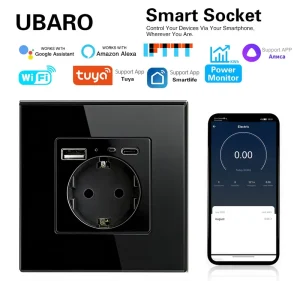 86mm Smart Socket 16A EU Schuko Wall Outlet with USB A+C Type C Charger Port Alexa Google Home Yandex Alice