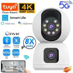 8MP CMOS Dual Lens 5G WiFi Smart PTZ 4K HD Indoor Wireless Security Camera with Auto Tracking Human Detection Two-way Audio