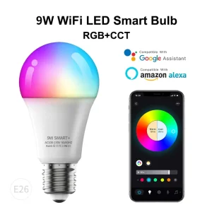 9W 110V LED Smart Wi-Fi Light Bulb with Alexa Voice Control, Memory and Timer Functions, Remote Control, RGB Dimming and Color Adjustment, E26 Screw Base