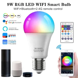 9W LED Smart WiFi Bulb with Alexa and Google Home Voice Control, E26, 110V, RGBCW Dimmable Bulb, WiFi + BT + 2.4G 3-Mode Control