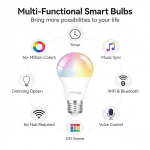 9W WiFi Smart Light Bulb E27 LED RGB Bulb Compatible with Smart Life App, Dimmable RGB + White Light + Warm Light, CE ERP