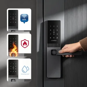 A01 Wifi Type-C Emergency Power Supply Al Fingerprint Waterproof Fire Safety Smart Wooden Door Lock With Doorbell