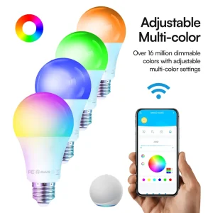 A19 E26 4-Pack RGB Wi-Fi Bluetooth Voice and Group-Controlled Decorative Smart Dimmable LED Bulbs with Housing