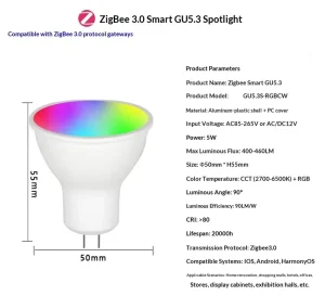 AC85-265V Smart GU5.3 RGBCW WiFi LED Bulb, 5W LED Spotlight with Plastic Housing, Controlled by Smart Life App, Tuya Smart Home