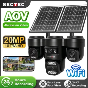 AI 20MP Four Lens Solar PTZ Camera 360 No Blind Spot Monitoring AOV 24/7 Recording WiFi/4G LTE Outdoor CCTV