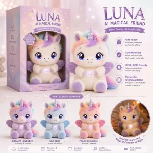AI Plush Unicorn Toy with Voice Chat and Emotional LED Eyes, Glowing Heart Night Light Bedtime Companion for Kids Age 3 and up