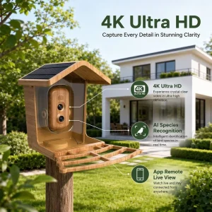 AI Smart Bird Feeder Camera 4K UHD Video Solar Powered Bird Watching House with PIR Motion Detection WiFi App Control for Gift