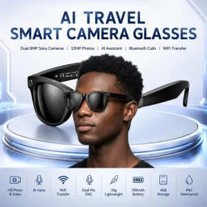 AI Smart Glasses with Dual 8MP HD Cameras 1080P Video WiFi Transfer Open Ear Audio Sunglasses Smart Eyewear for Travel