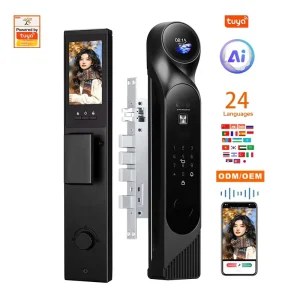 AI Voice 3D Face Palm Vein Smart Door Lock Fingerprint Password WiFi Tuya App Dual screen Video Intercom Camera Home Use Wood