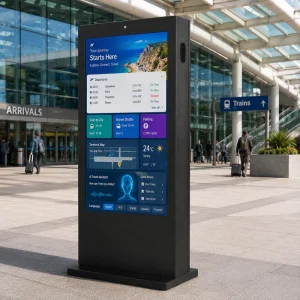 AIYOS Remote Cloud CMS Control Outdoor Interactive Touch Screen Kiosk 2500 Nits Sunlight Readable IP65 AI Smart Dimming Totem
