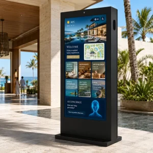 AIYOS Sunlight Readable IP65 Outdoor Interactive Kiosk 2500 Nits High Brightness AI Smart Dimming Commercial DOOH Display