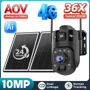AOV IP66 Dome Solar PTZ Camera 4G WiFi 36X Optical Zoom Dual Lens CMOS 10MP Wide Angle Motion Detection Color+IR Cloud