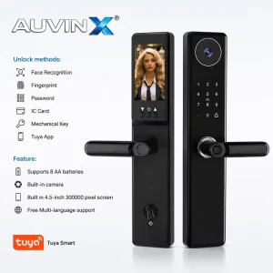 AUVINX Smart Handle Door Lock With Camera Tuya Wifi Security APP Control Fingerprint IC Card Key Password Digital Biometric Lock
