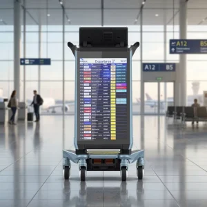 Airport Digital Advertising Smart Trolley LCD Media Display Cloud CMS Remote Ad Push AI Audience Analytics Passenger Charger