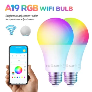 Alexa and Google Home Assistant-Compatible App-Controlled 9W A19 RGB CCT Smart LED Light Bulb, E26 Base, AC Power