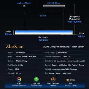 Aluminum Linear LED Pendant Light 1200mm RGB Smart Dimmable Gesture Wall Switch Remote For Dining Living Room Home Decor