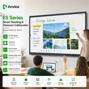 Amdox ES 4K Android 14 Interactive Display 65/75 Inch Smart Board Touch Screen Whiteboard 40 Points 1200:1 Contrast 1-Year