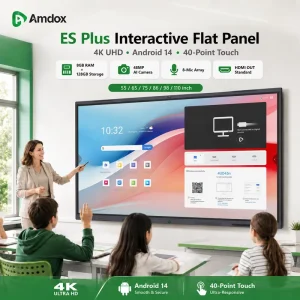 Amdox ES Interactive Whiteboard for Schools 65 Inch 4K with 40 Point Touch Android 14 & Windows 48MP AI Camera
