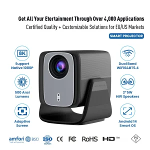 Android 14 Wireless Screen Mirroring Projector WiFi6 Portable Video Projector for Smartphone