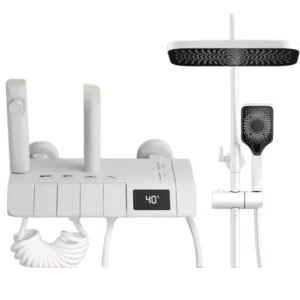Antique White Waterfall Brass Shower Set with Smart LED Faucet and Thermostatic Dual Handles