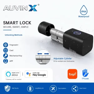 Auvinx Smart European Adjustable Cylinder Door Lock Knob Fingerprint Key Automatic Security with Tuya BT TTLock Electronic Lock