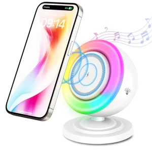 Multifunctional Magnetic Wireless Charger with BT Speaker and Dimmable LED Night Light for Home Décor, Bedroom, Office, and Gifts