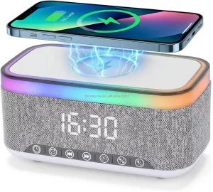BT Digital Alarm Clock Speaker, Dimmable With 15W Wireless Charging, 13-Color Night Light, White Noise, FM Radio, USB/AUX