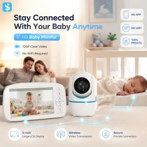Baby Monitor Camera No WiFi Secure Wireless Connection Pan Tilt Two Way Talk Night Vision 5000mAh Battery 5 Inch Baby Monitor