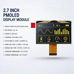 Best Quality 2.7” 128×64 Pixel 30 pin Yellow PMOLED Display with Panel Mounting 8 bit 6800 & 3 wire SPI Interfaces SSD1322Z