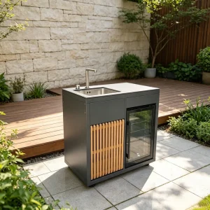Black Outdoor Kitchen Island Unit with Integrated Sink Fridge Slatted Door Cabinet BBQ Cooking Station for BBQ Party