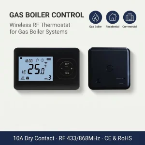 Black Wireless RF Gas Boiler Thermostat with Modern Design Fire Resistant & Eco-Friendly for Home Office & Apartment Heating