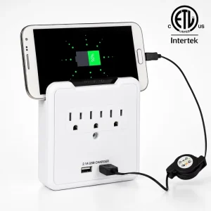 Built in Phone Holder Wall Tap Power Extender Surge Protected Wall Plug Tap With 3 AC Outlets 2 USB Ports for Bedroom Bedside