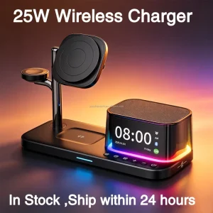 Custom C09 Plus 25W Desktop 6-in-1 Wireless Charger with Magnetic Tape Alarm Clock, Bluetooth Speaker, and Mobile Charger