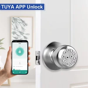 CAMAKT Round Knob Smart Door Lock SF049 Tuya Fingerprint App Mechanical Key Unlock 60 70mm Adjustable Latch