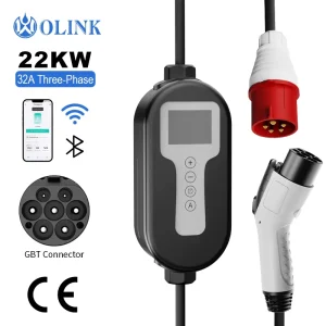 CE Certified 22kW Portable GBT Connector EV Charger 32A Three-phase Adjustable Current Car Charger with Industrial Plug