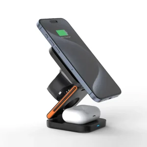 CE/RoHS/FCC-Certified 3-in-1 Foldable Magnetic Wireless Charger, Portable Wireless Fast-Charging Stand for Mobile Devices