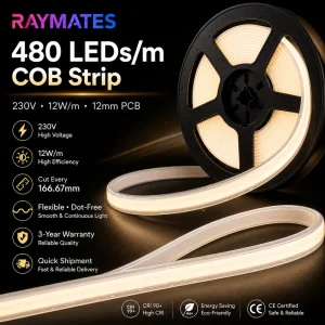 COB LED Strip 480LED/m IP67 CRI 90+ Dimmable AC230V 12mm Cuttable CE Certified Outdoor Decoration