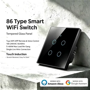 Capacitive Touch WiFi Smart Switch Single Live Wire Control App Timing Function Tempered Glass Alexa Google Wall Switch