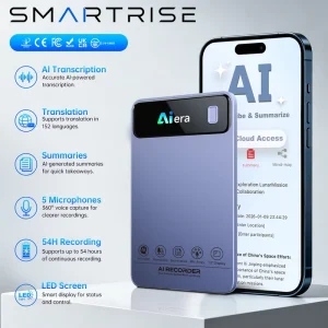 Card Magnet AI Voice Recorder with Real-Time Transcription and Translation, 5 Microphones, 360° Noise Reduction, WiFi
